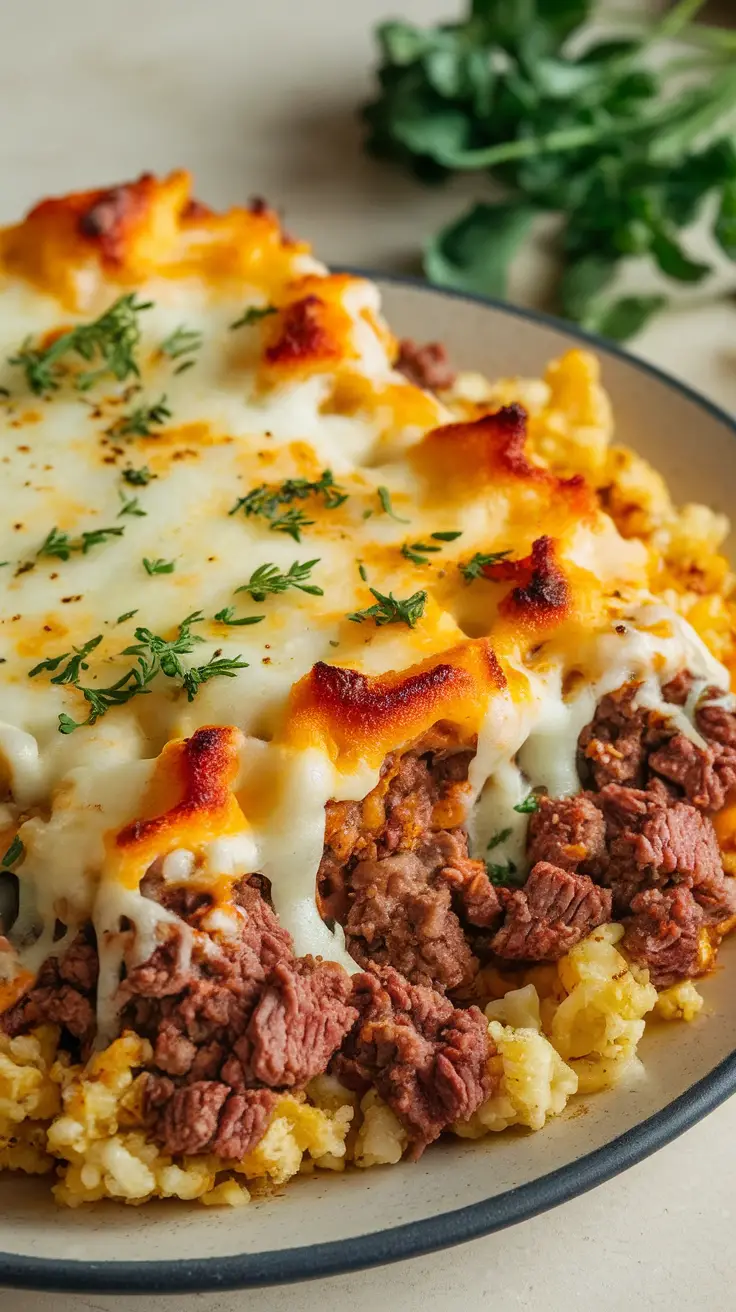 Beef and cauliflower rice casserole topped with melted cheese and herbs