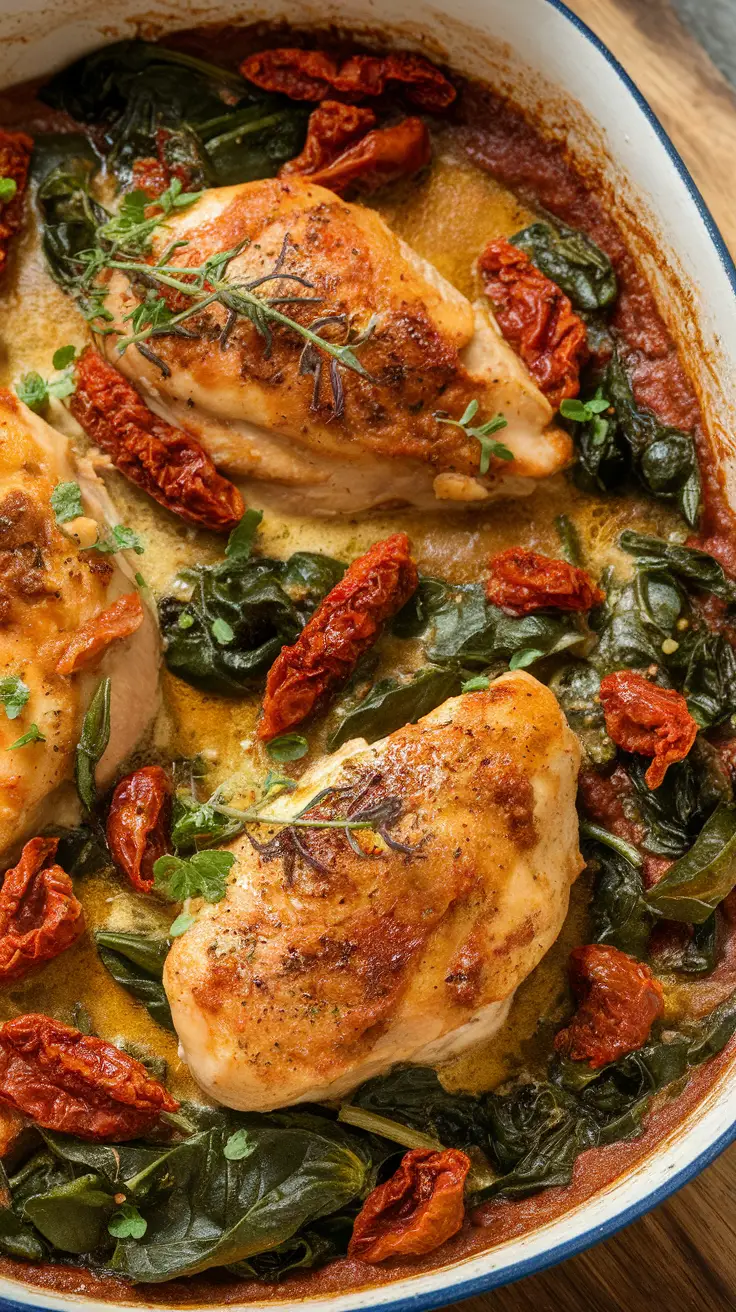 A delicious creamy chicken bake with sun-dried tomatoes and spinach.