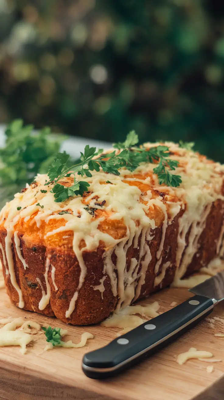 A tasty garlic parmesan chicken meatloaf topped with herbs and cheese.