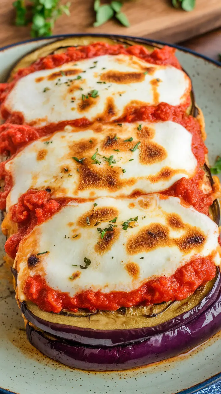 A plate of keto eggplant lasagna with layers of eggplant, marinara sauce, and melted cheese.
