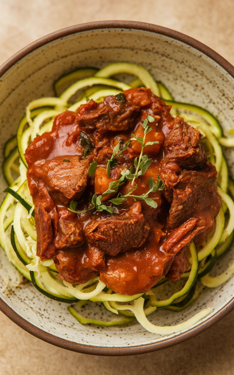 A bowl of keto lamb tagine served over zucchini noodles.