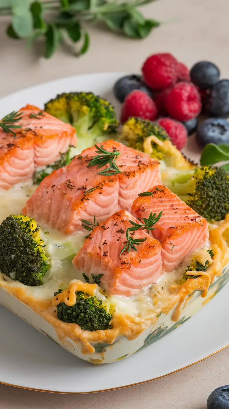 A delicious keto salmon and broccoli bake served with fresh berries.