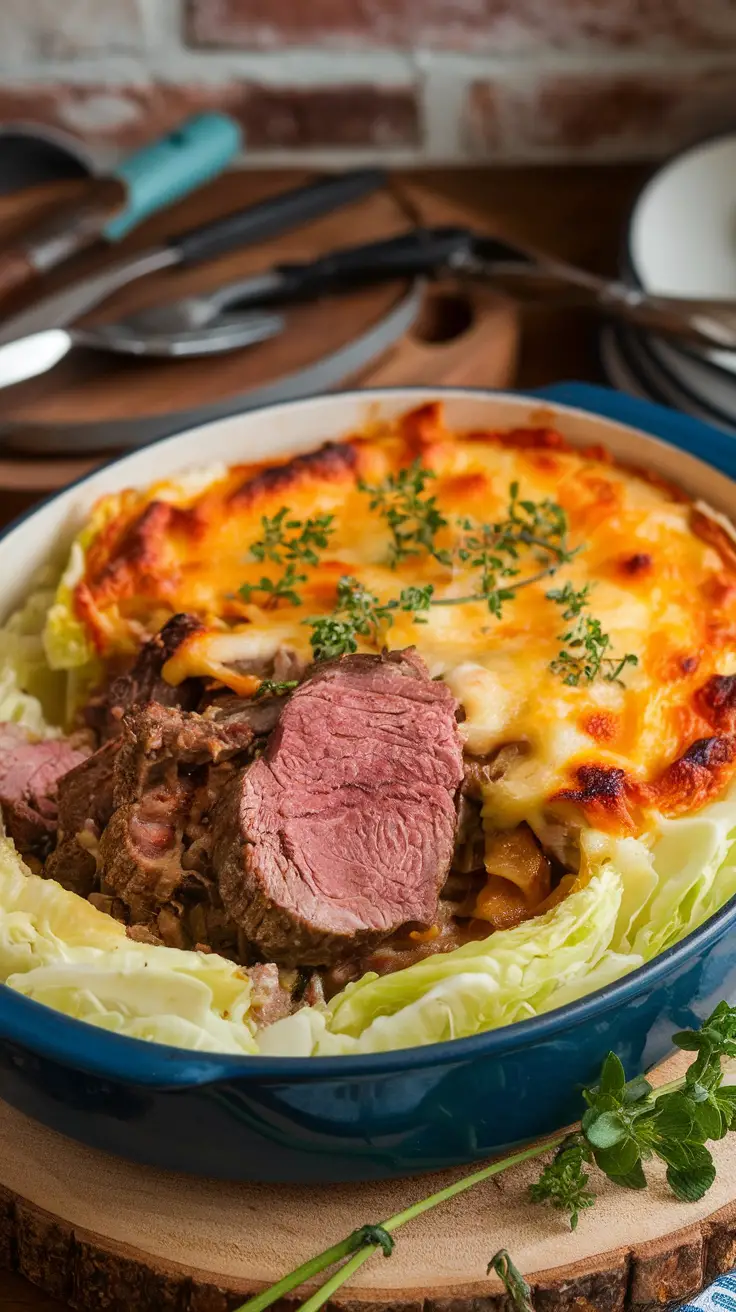 Lamb and cabbage casserole in a blue dish with melted cheese on top.