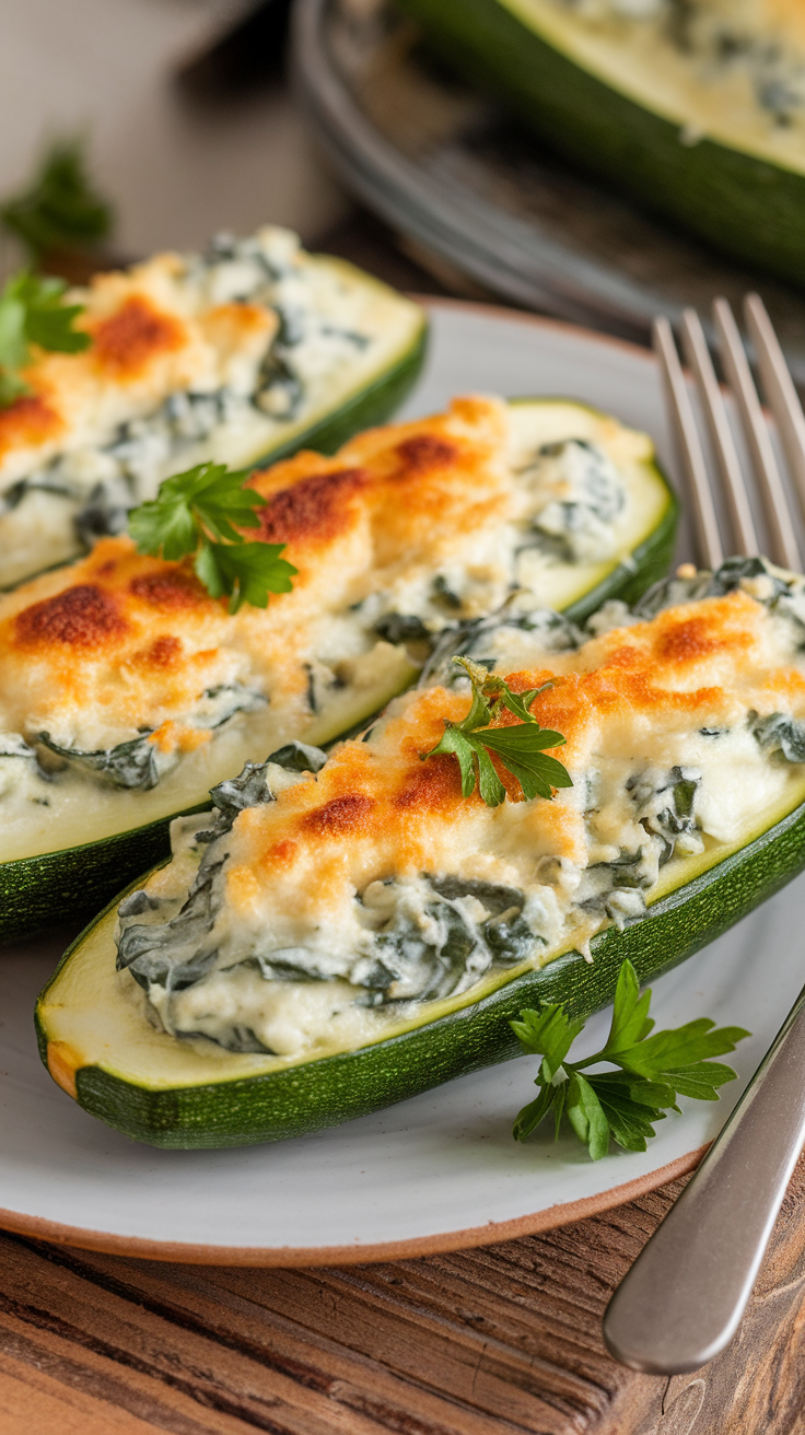 Plate of stuffed zucchini with spinach and cheese, garnished with parsley.