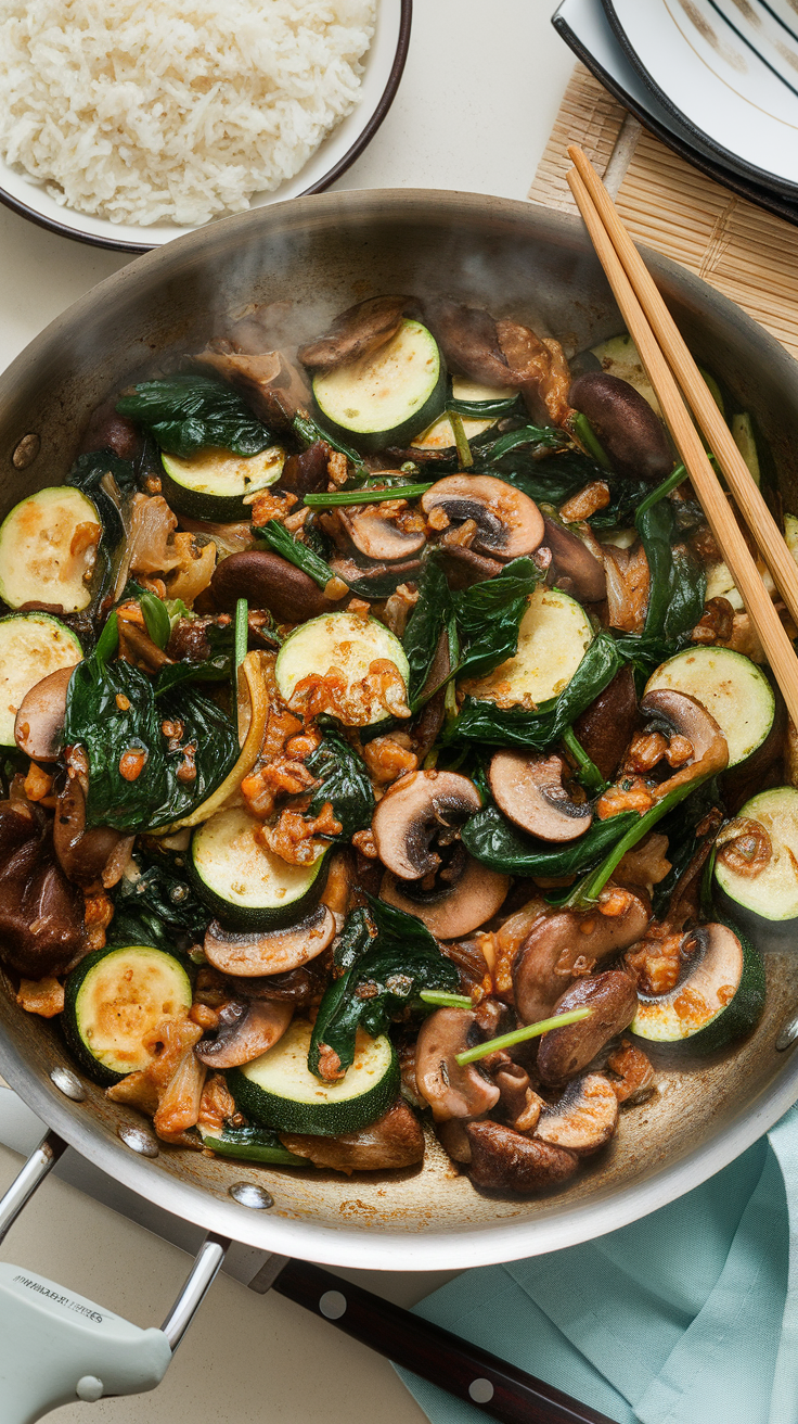 A vibrant stir-fry with zucchini, mushrooms, and spinach in a pan, served with a bowl of rice.