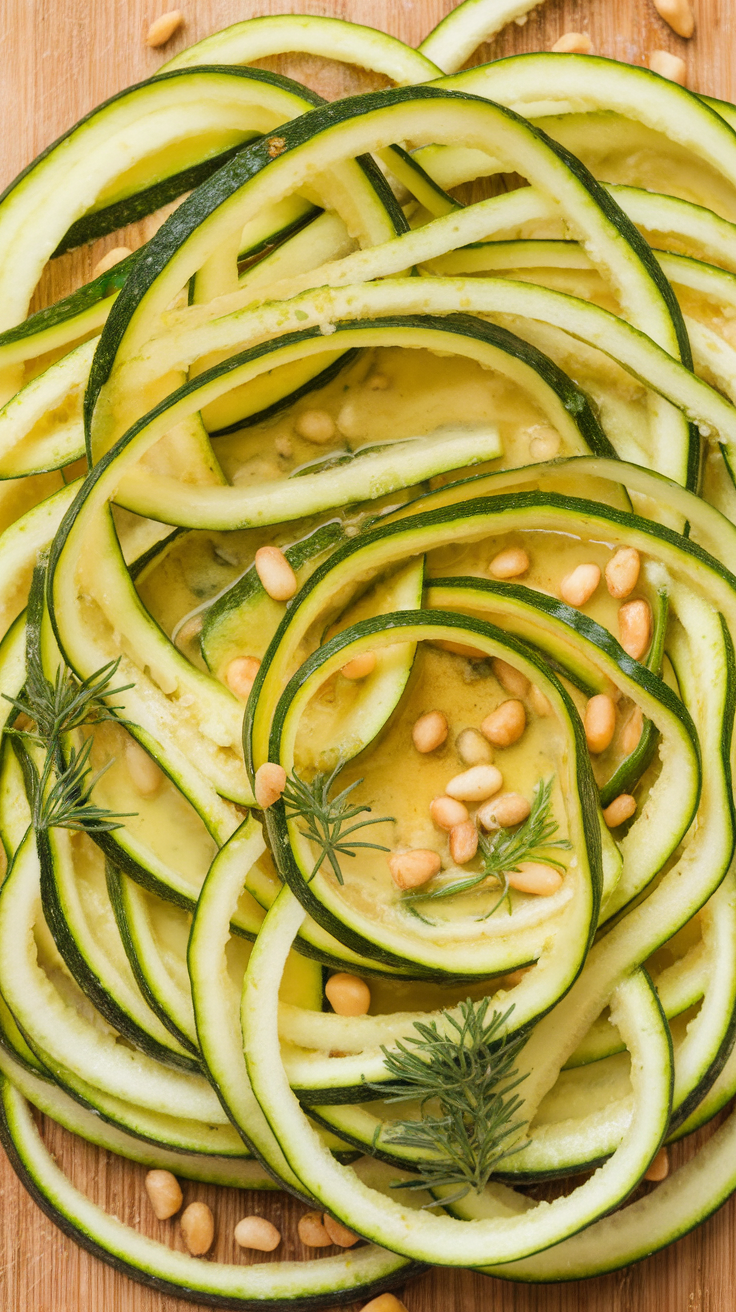 A close-up of zucchini ribbons with pine nuts and herbs drizzled with lemon vinaigrette.