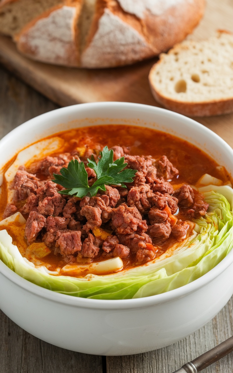 A bowl of spicy beef and cabbage soup with fresh parsley on a rustic table along with low-carb bread.
