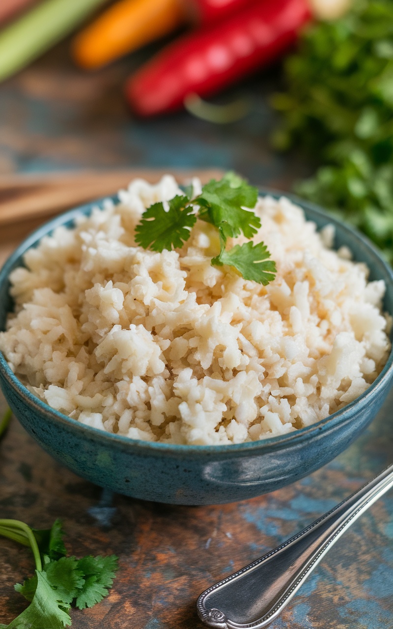 A bowl of coconut cauliflower rice garnished with cilantro, on a rustic table with vegetables.