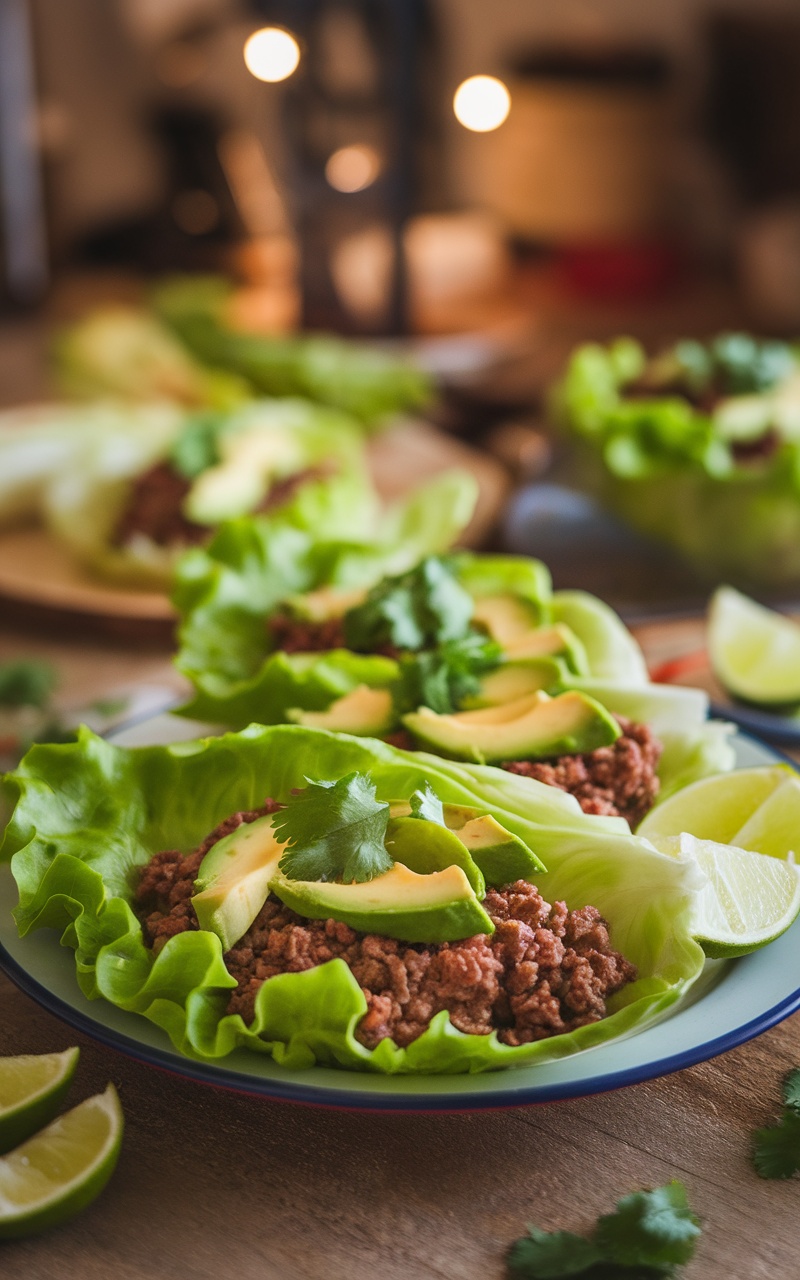 Keto beef and avocado lettuce wraps with ground beef, avocado, and cilantro on a plate with lime wedges.