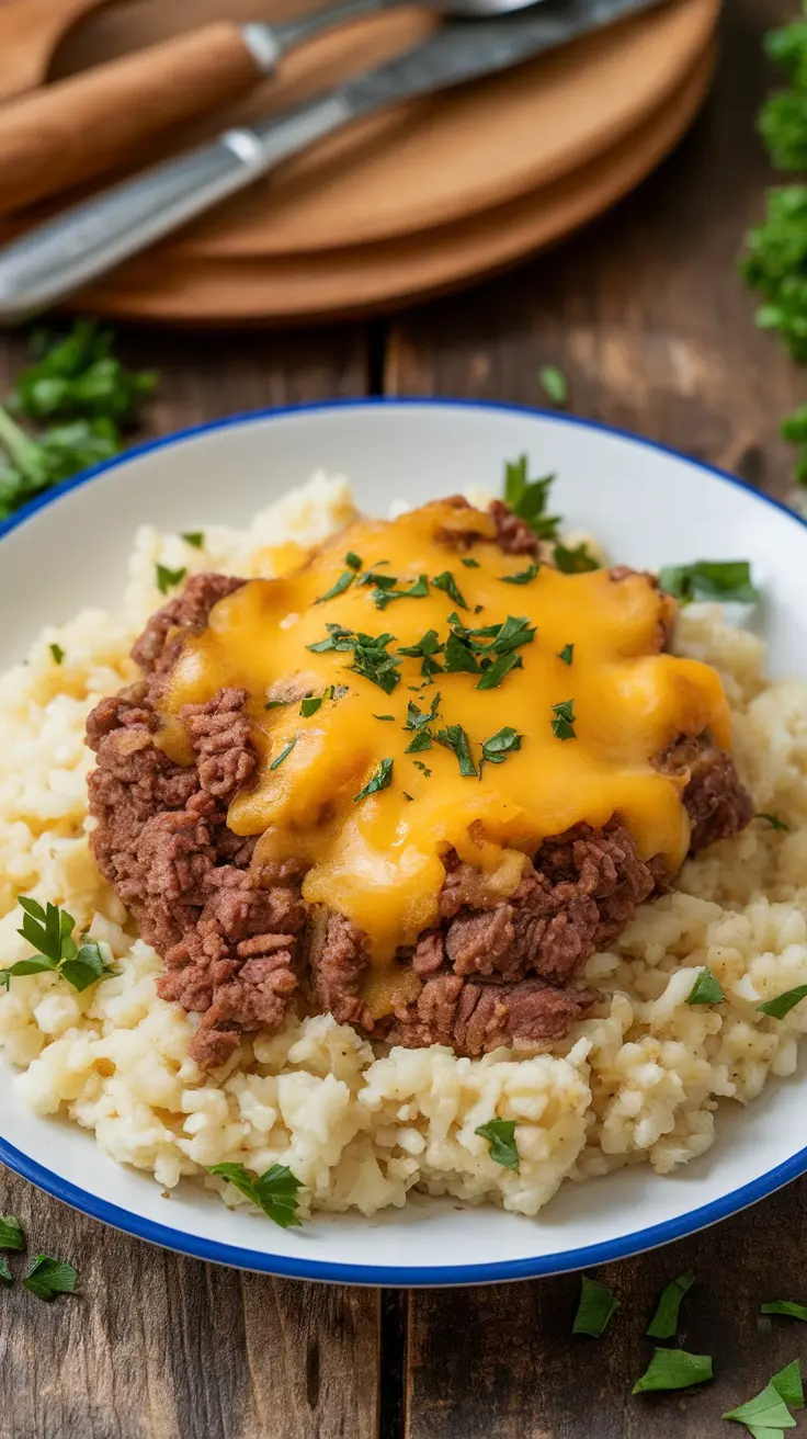 A hearty keto dish of beef and cauliflower rice topped with cheese, garnished with parsley.