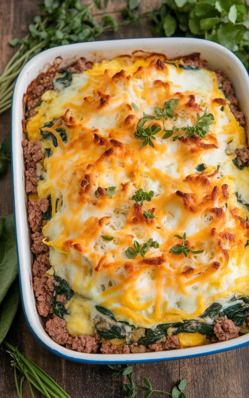 A slice of beef and spinach egg casserole on a wooden table garnished with herbs, showing a cheesy topping.