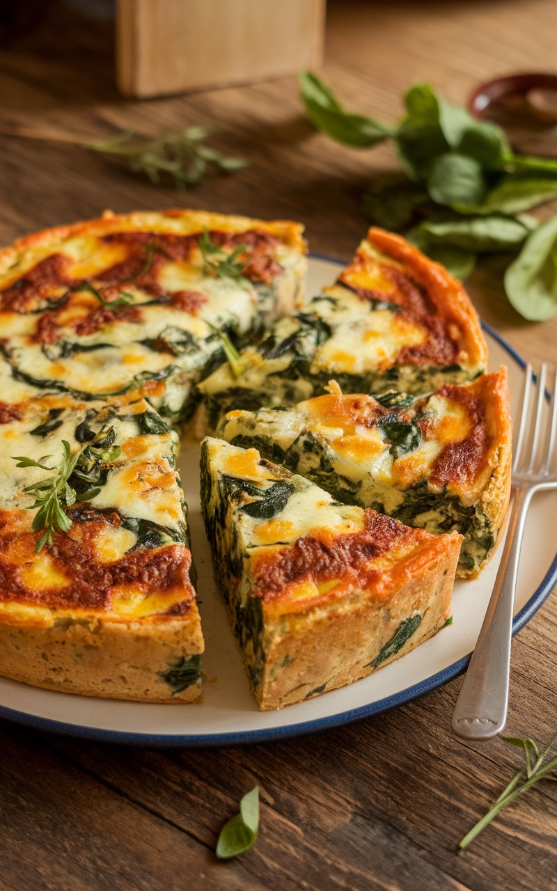 A delicious beef and spinach frittata, sliced and garnished with herbs, on a wooden table.