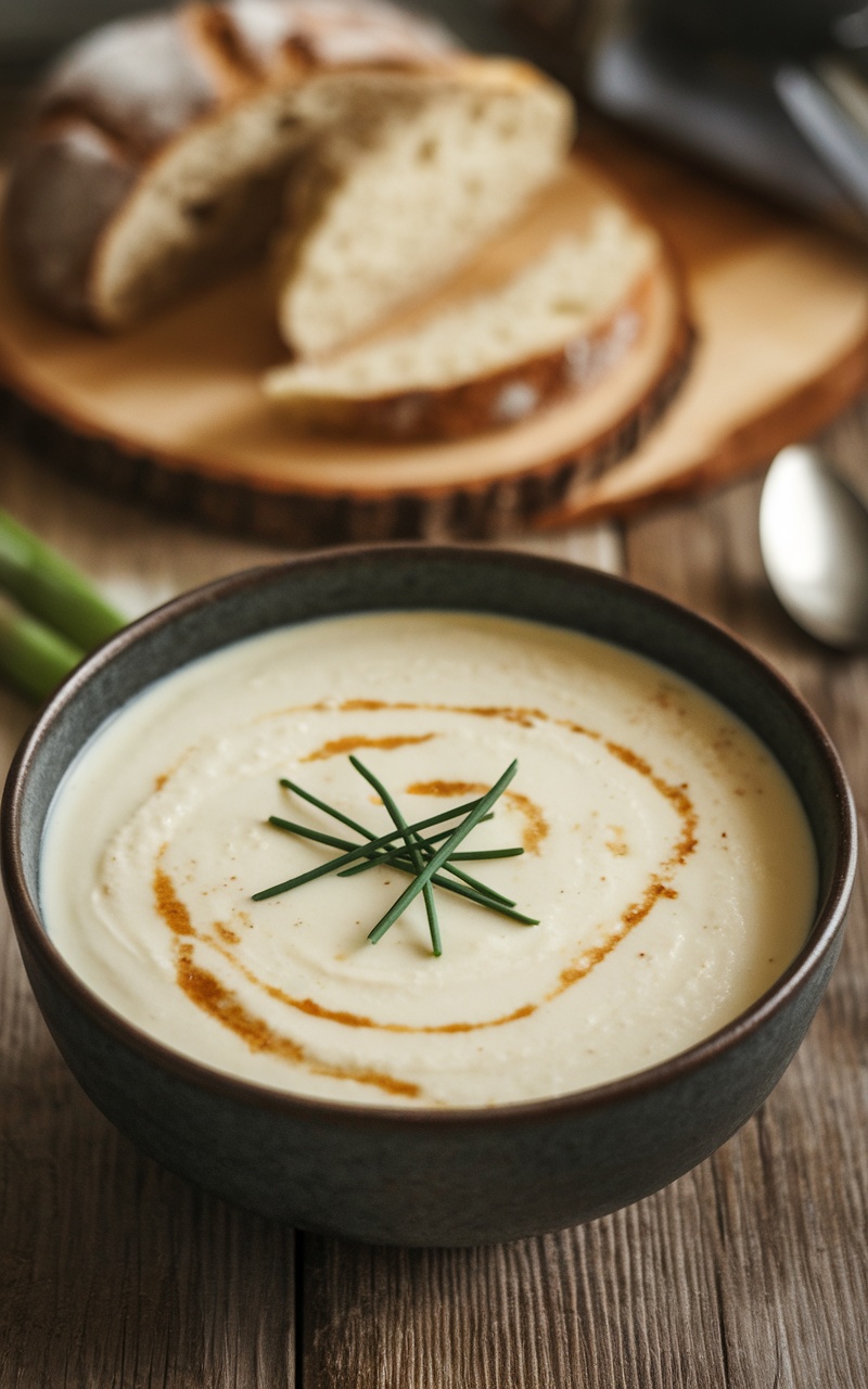 A bowl of creamy cauliflower and leek soup garnished with chives on a rustic table with low-carb bread.
