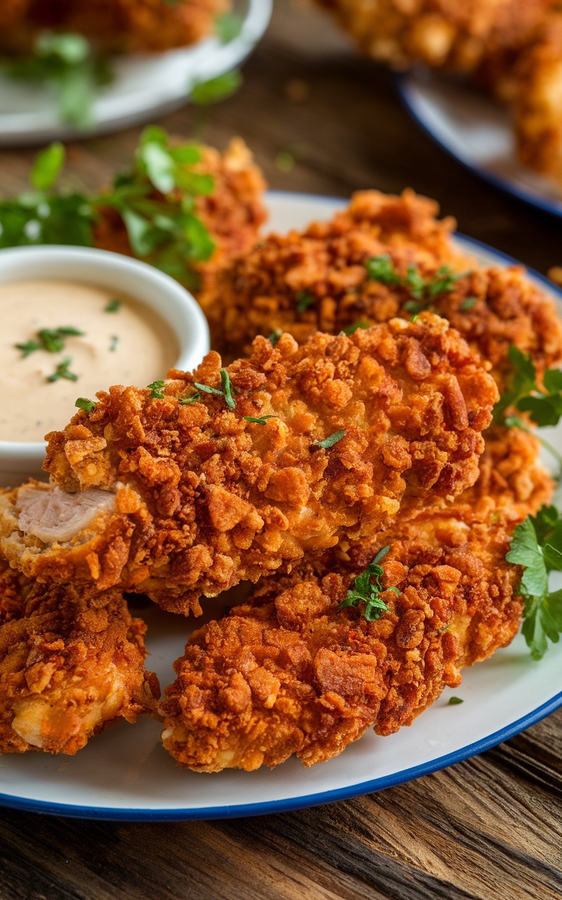 Crispy chicken strips coated in pork rinds, served with dipping sauce on a wooden table.