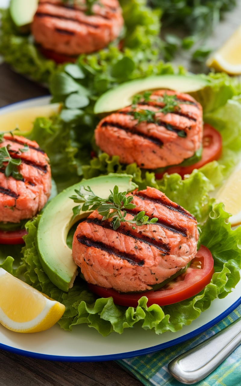 Grilled salmon burgers in lettuce wraps with avocado and tomato, served on a rustic table.