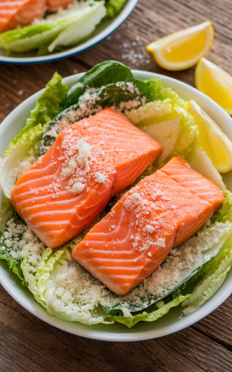Keto Salmon Caesar Salad with salmon, romaine lettuce, Parmesan cheese, and lemon wedges on a wooden table.