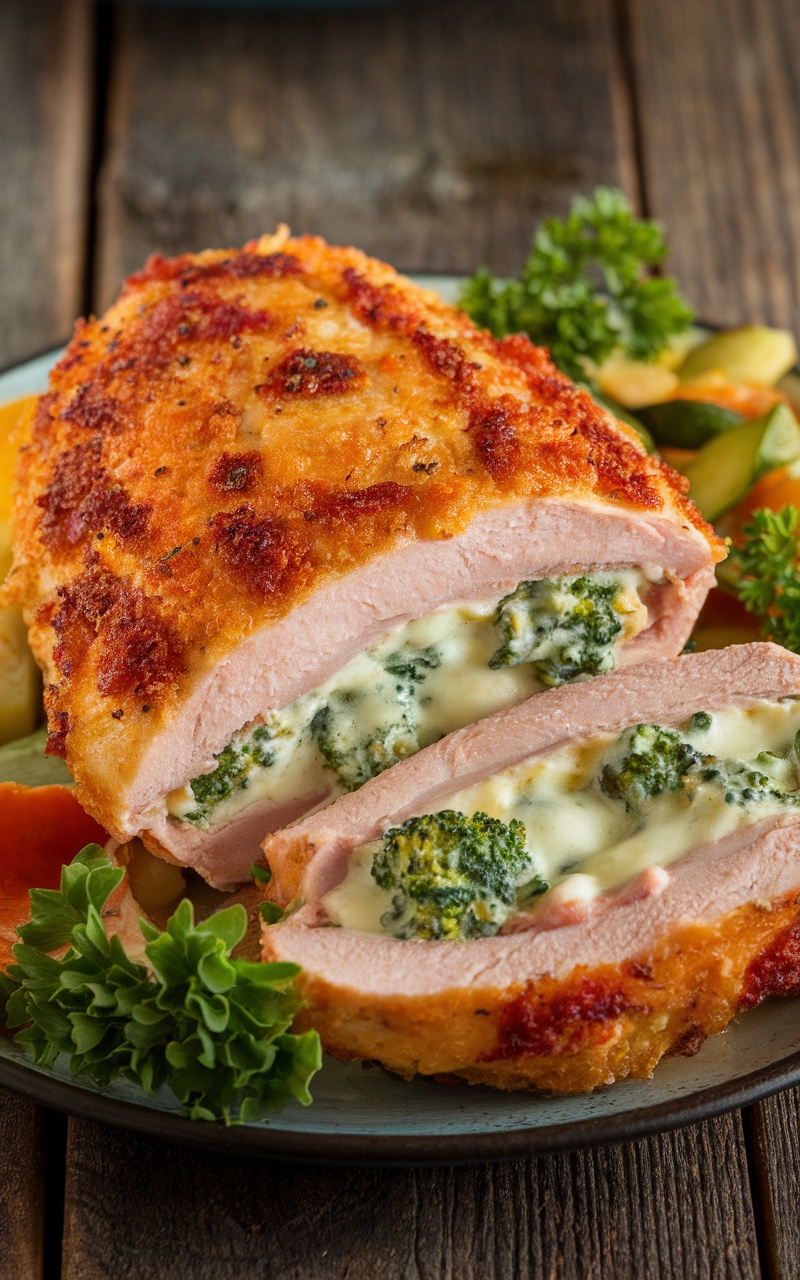 Stuffed chicken breast filled with broccoli, cheese, and bacon, garnished with parsley on a wooden table.