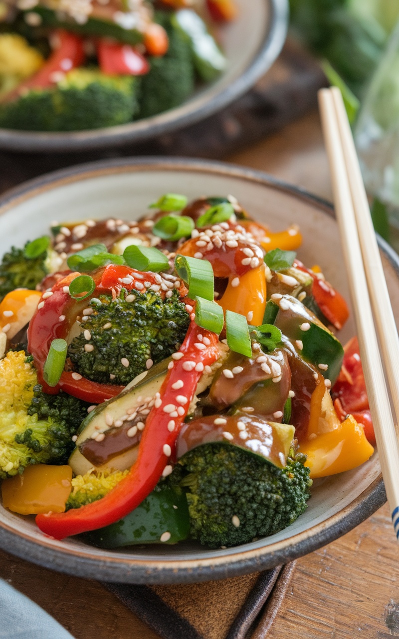 Keto veggie stir fry with broccoli, bell peppers, zucchini in sesame sauce, garnished with sesame seeds and green onions.