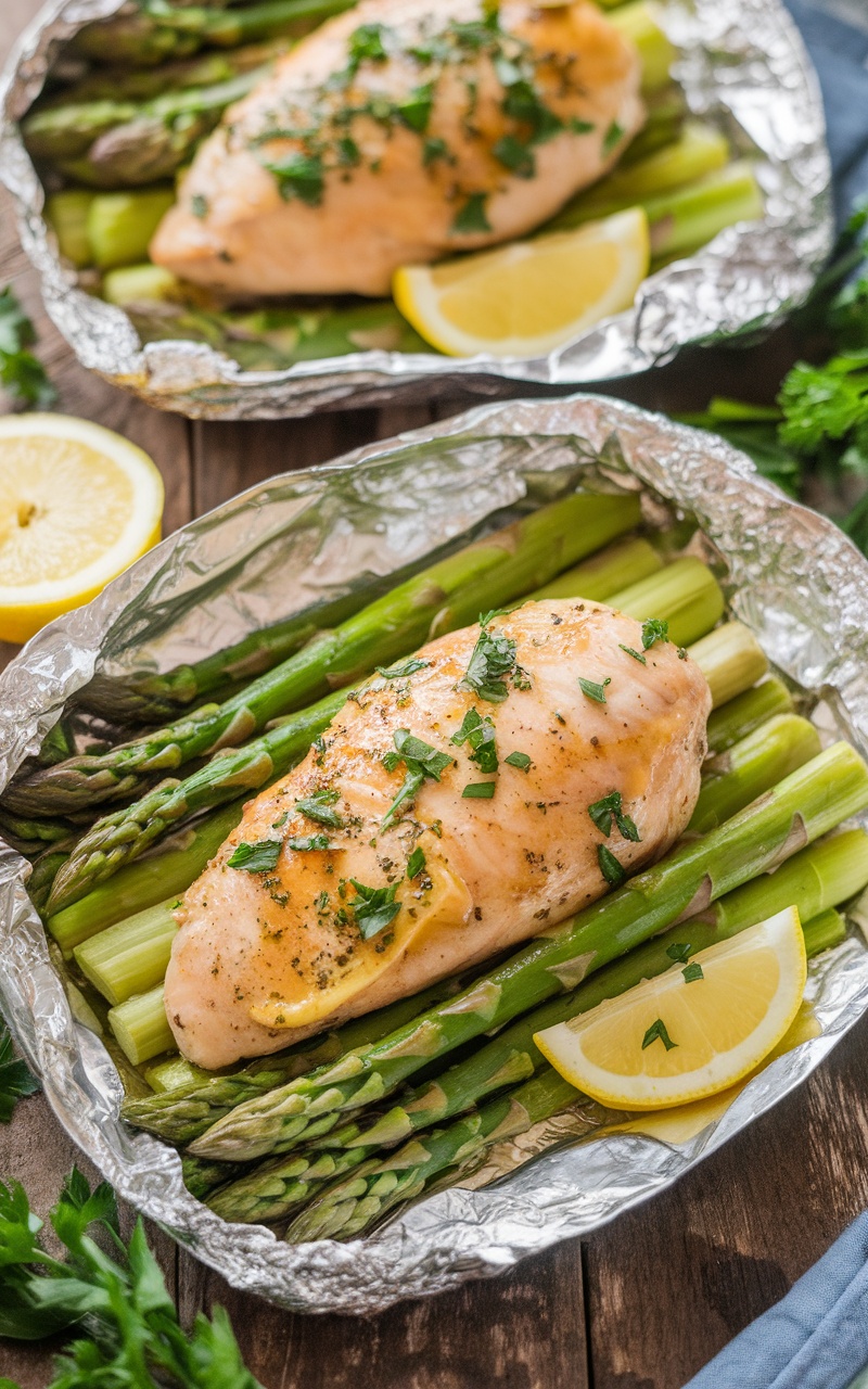 Keto Lemon Garlic Chicken and Asparagus Foil Packs with chicken, asparagus, and lemon on a wooden table.