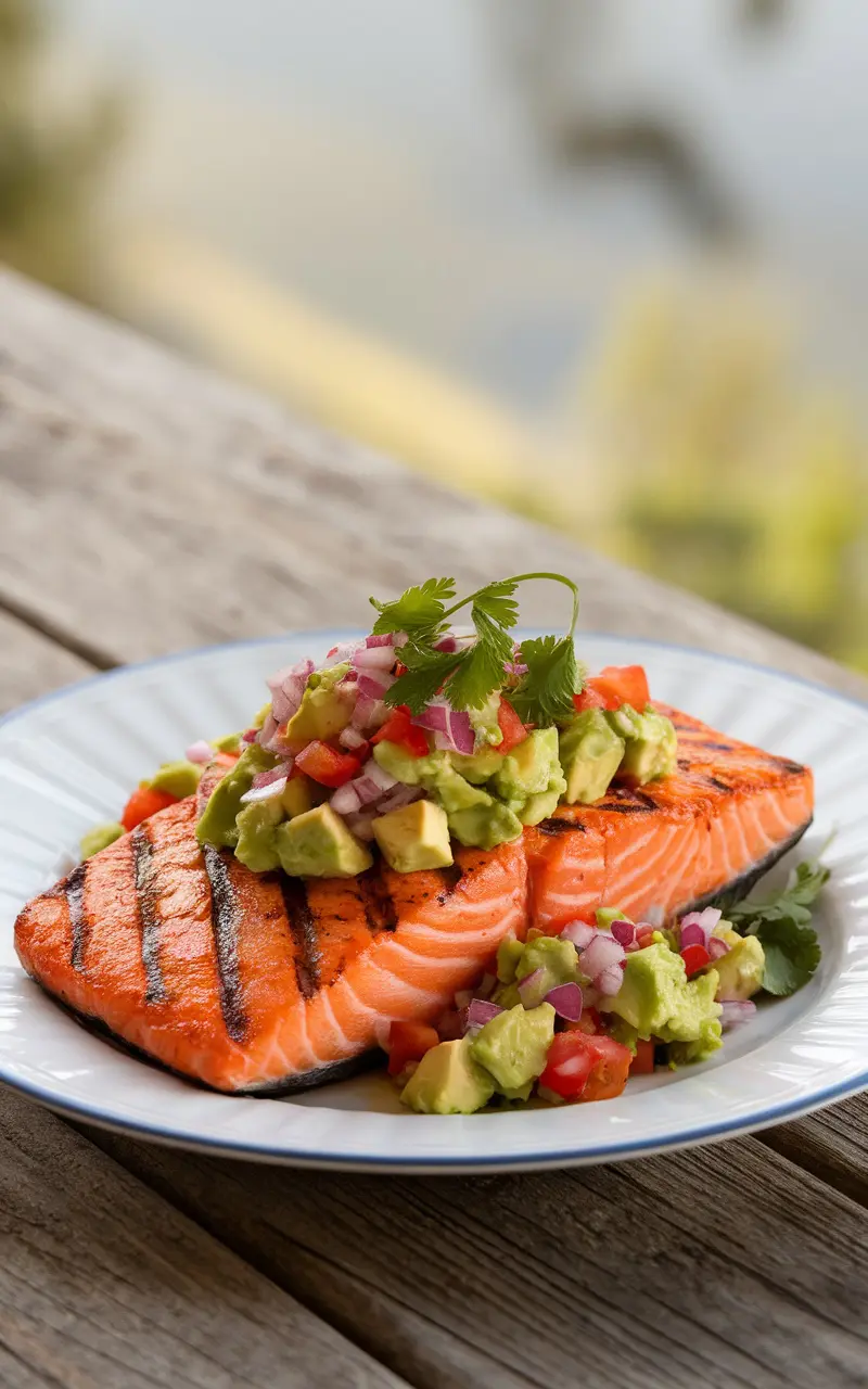 Grilled salmon fillet with avocado salsa on a white plate, garnished with cilantro.