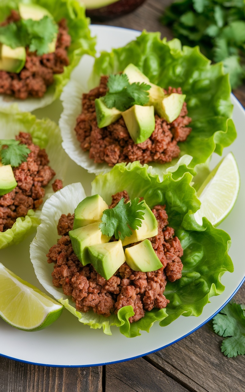 Keto Beef and Avocado Lettuce Cups filled with beef and avocado, garnished with cilantro, served with lime wedges.