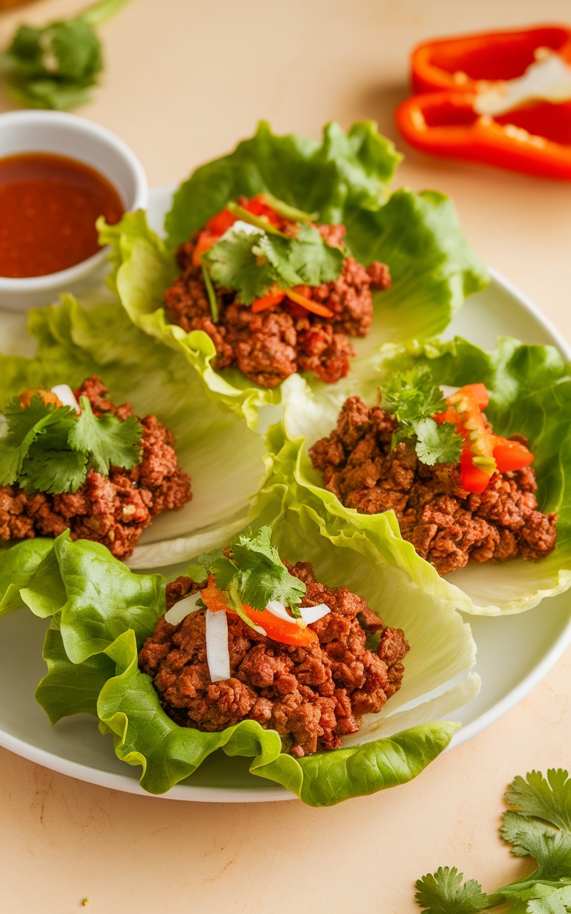 Keto spicy beef lettuce wraps filled with ground beef, garnished with cilantro and served with dipping sauce.