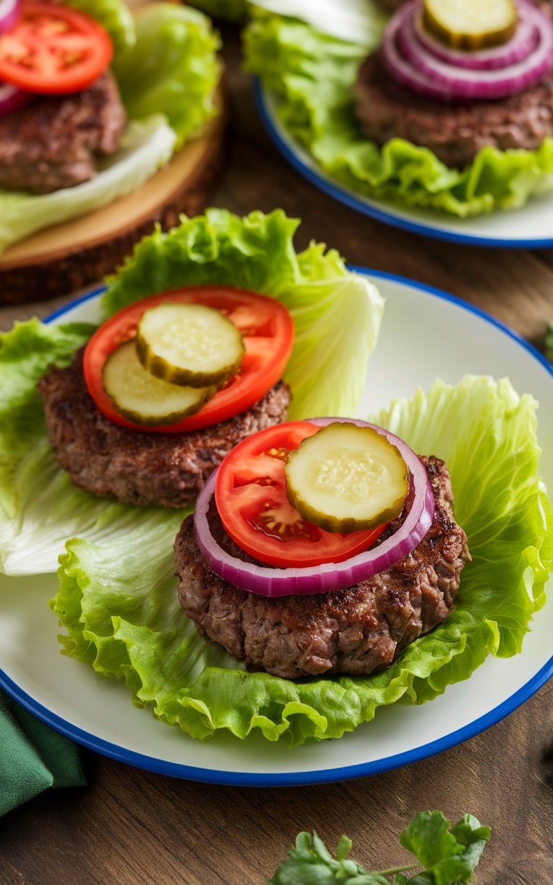 Keto Beef Lettuce Wrap Burgers with juicy beef patties in lettuce leaves, topped with tomatoes, pickles, and onions.