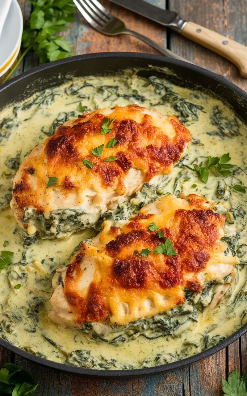 Baked chicken topped with creamy spinach and artichoke sauce, garnished with parsley on a rustic table.