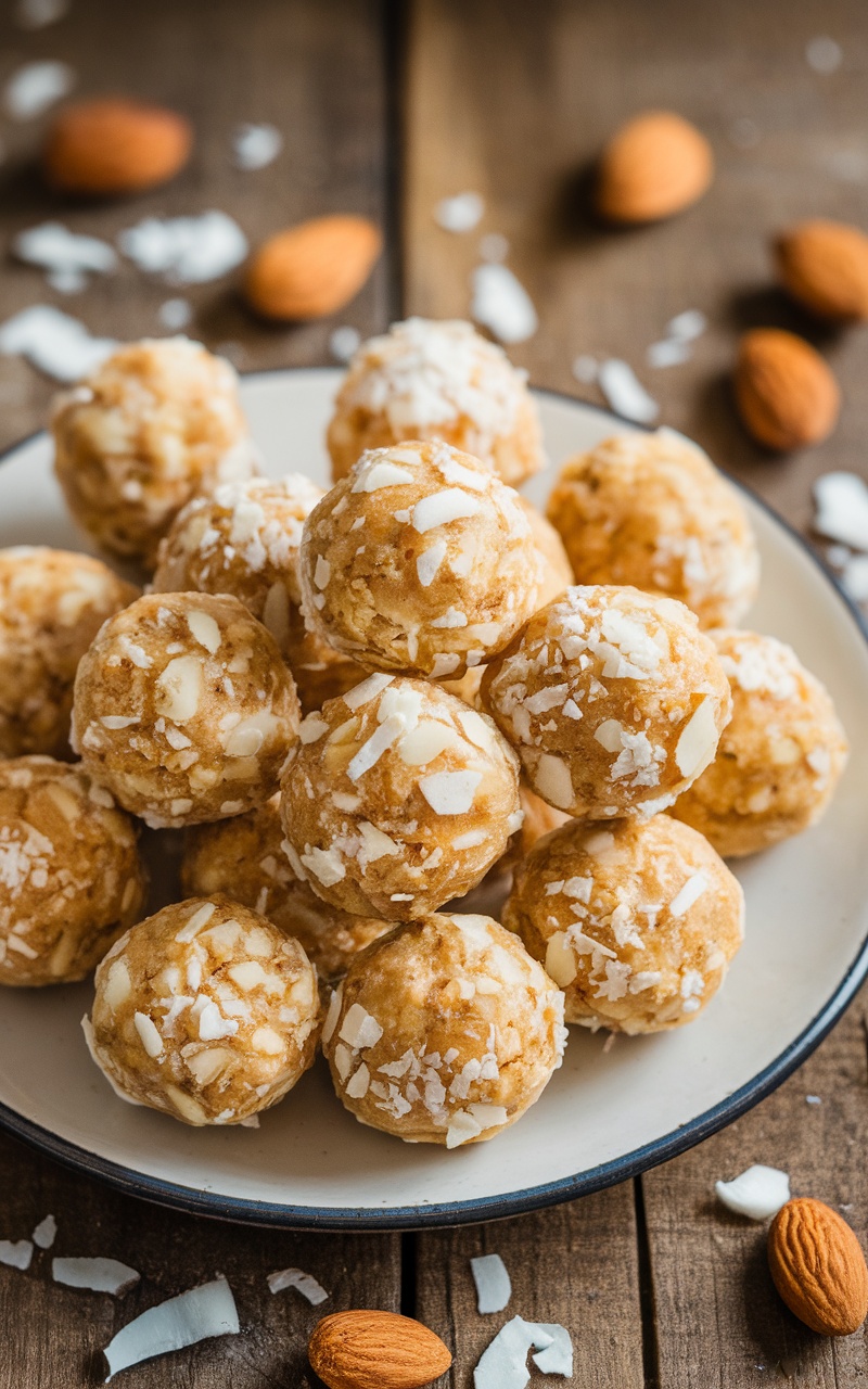 Coconut almond energy balls on a plate, surrounded by almonds and coconut flakes, on a rustic wooden table.