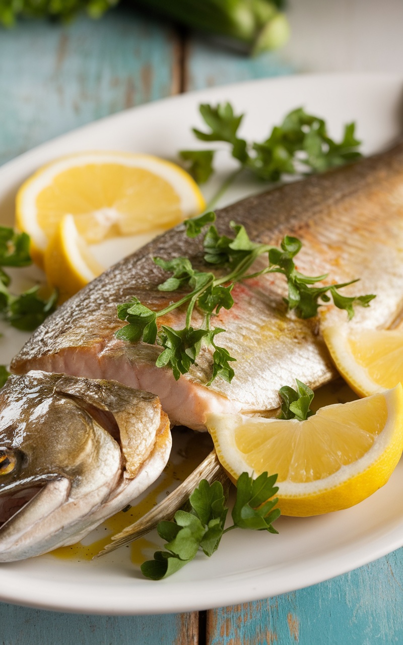 Broiled trout fillets garnished with lemon and parsley on a rustic wooden table.