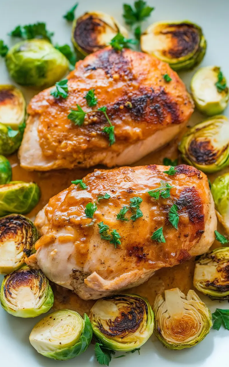 Keto lemon butter chicken with roasted Brussels sprouts on a white plate, garnished with parsley.
