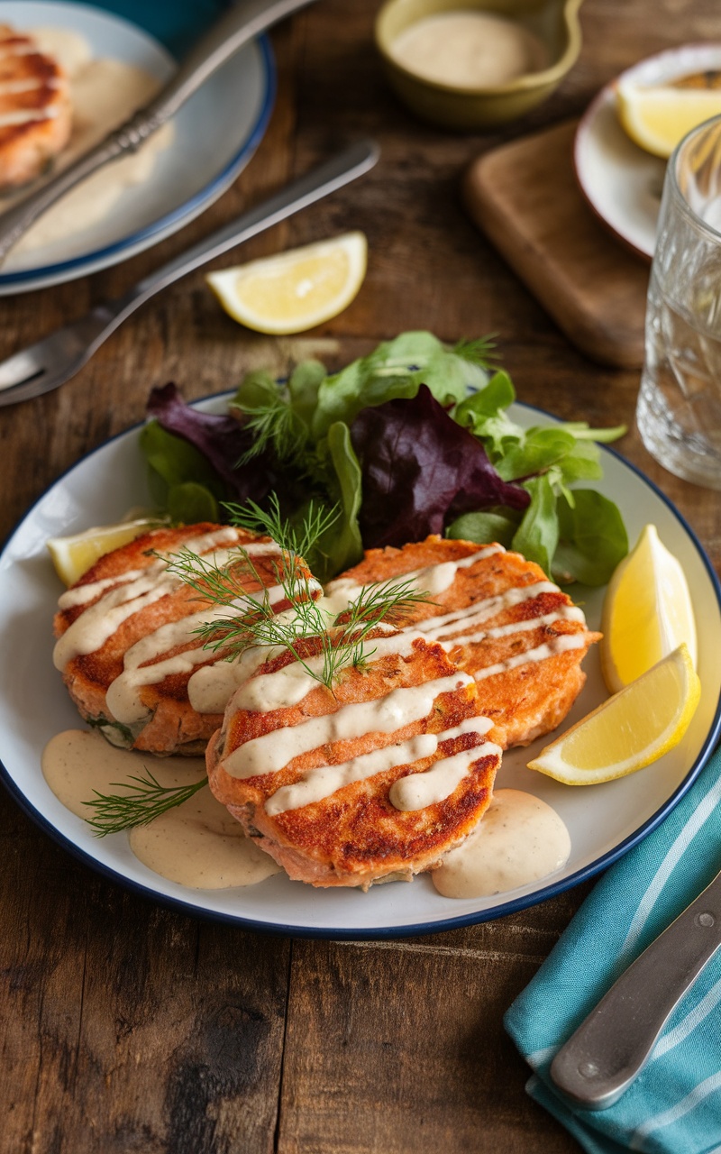 Golden salmon patties with creamy dill sauce on a rustic table, garnished with fresh dill.