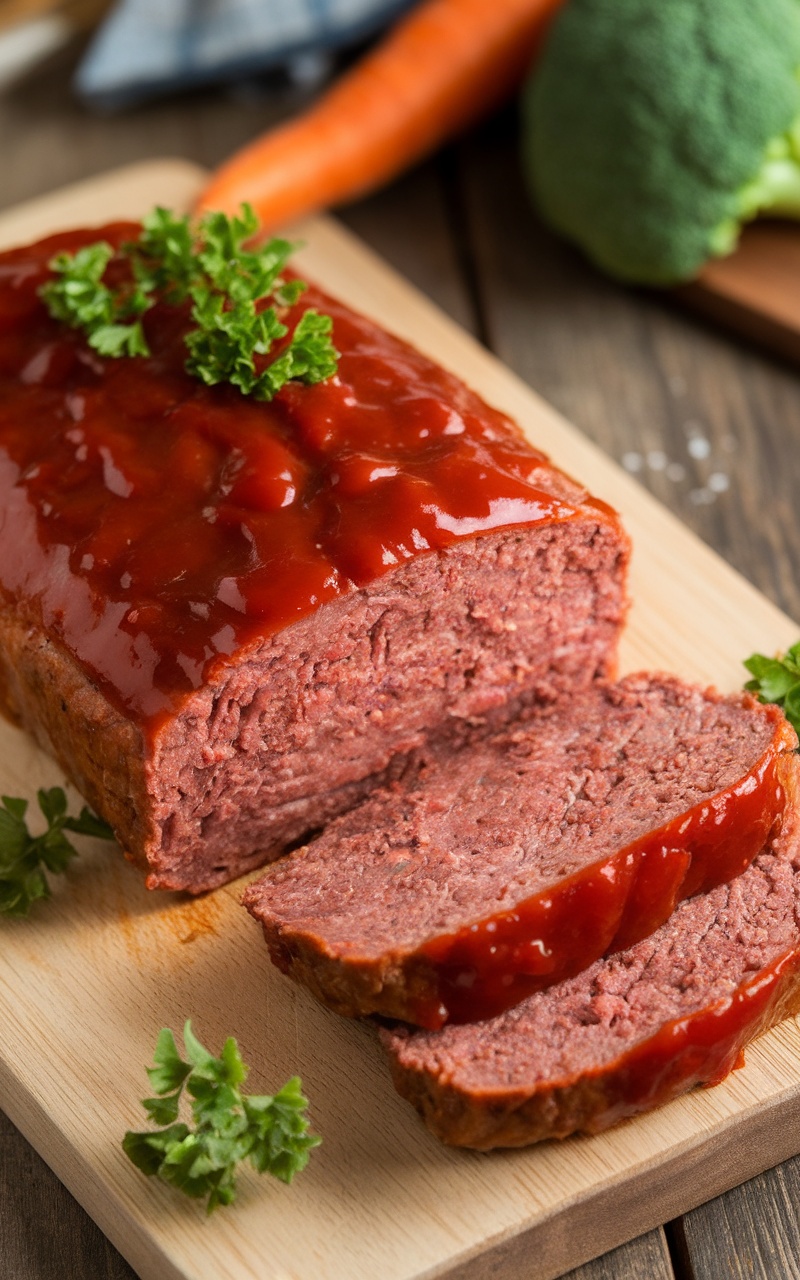 Sliced keto beef meatloaf glazed with ketchup on a cutting board, garnished with parsley.