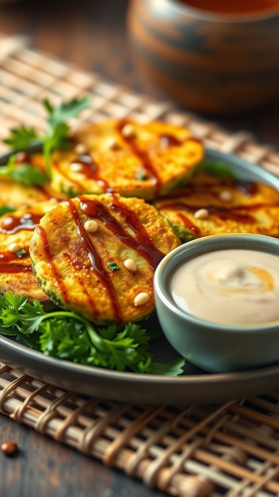 Plate of crispy Asian zucchini fritters garnished with sauce and herbs.
