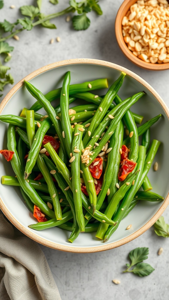 A bowl of chili garlic green beans garnished with sesame seeds.