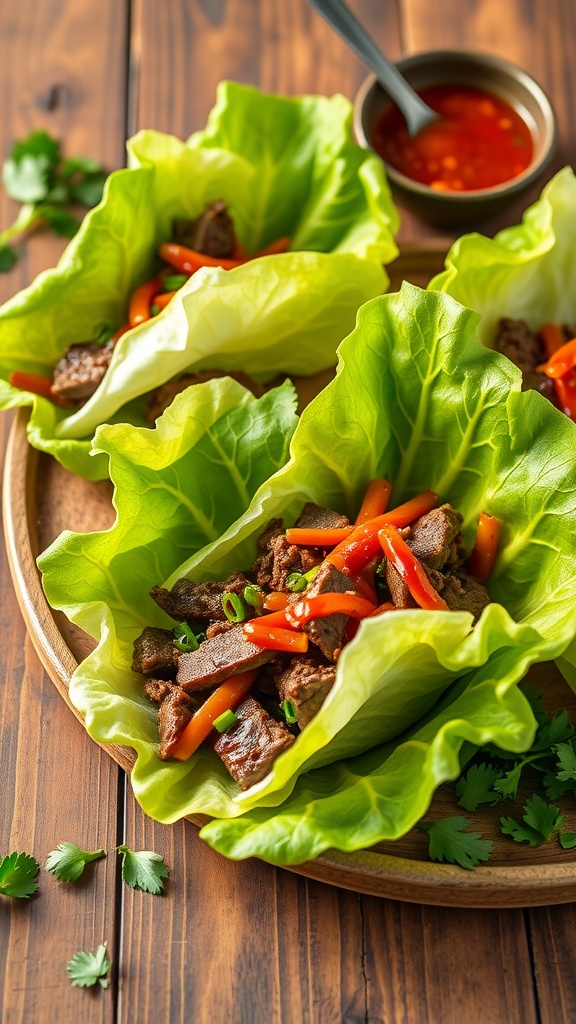 Keto beef lettuce wraps filled with vegetables and served with hoisin sauce.