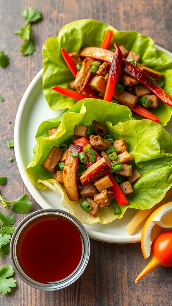 Keto Moo Shu Pork Lettuce Wraps with colorful vegetables in lettuce cups