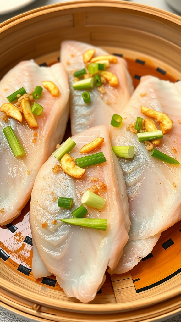 Steamed fish topped with ginger and scallions
