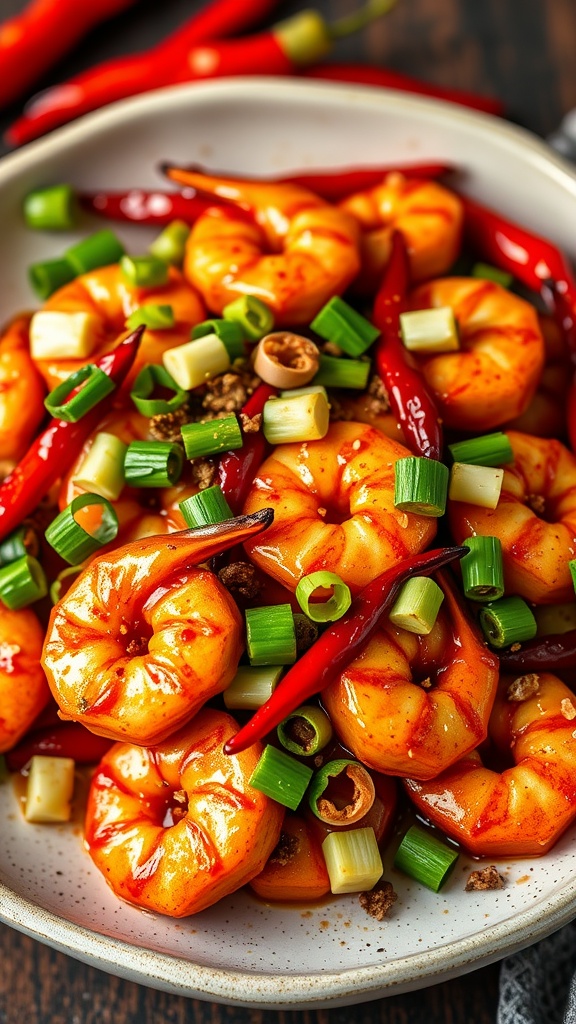A plate of Szechuan spicy shrimp topped with green onions and red chilies, showcasing vibrant colors and enticing textures.