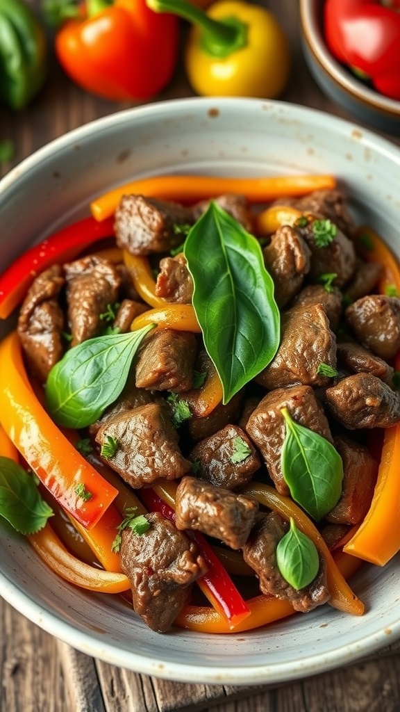 A bowl of Thai Basil Beef with colorful bell peppers, garnished with fresh basil leaves.