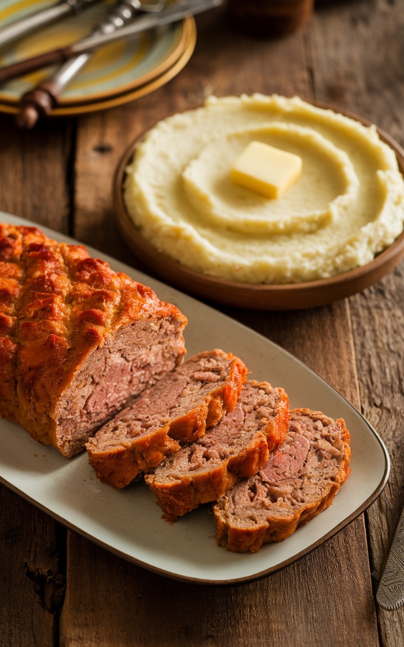 Lamb meatloaf slices served with creamy cauliflower mash on a rustic wooden table.