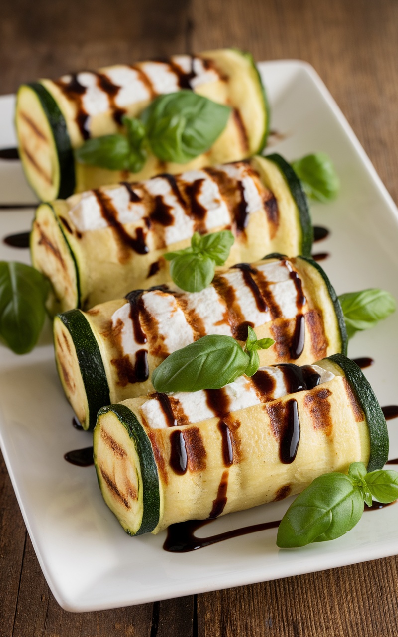 Grilled zucchini rolls with goat cheese and basil, drizzled with balsamic glaze on a rustic table.