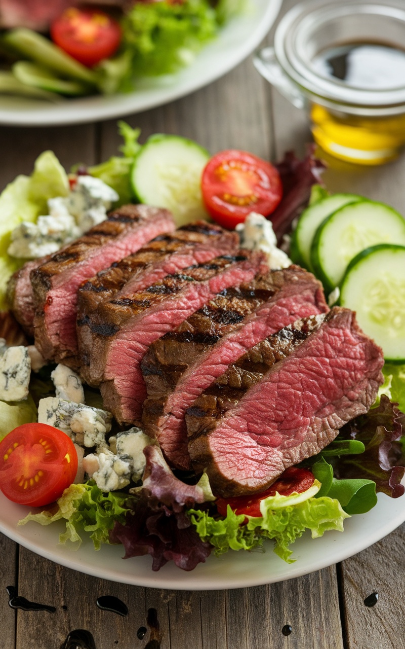A colorful keto beef salad with grilled steak, blue cheese, tomatoes, and greens on a wooden table.