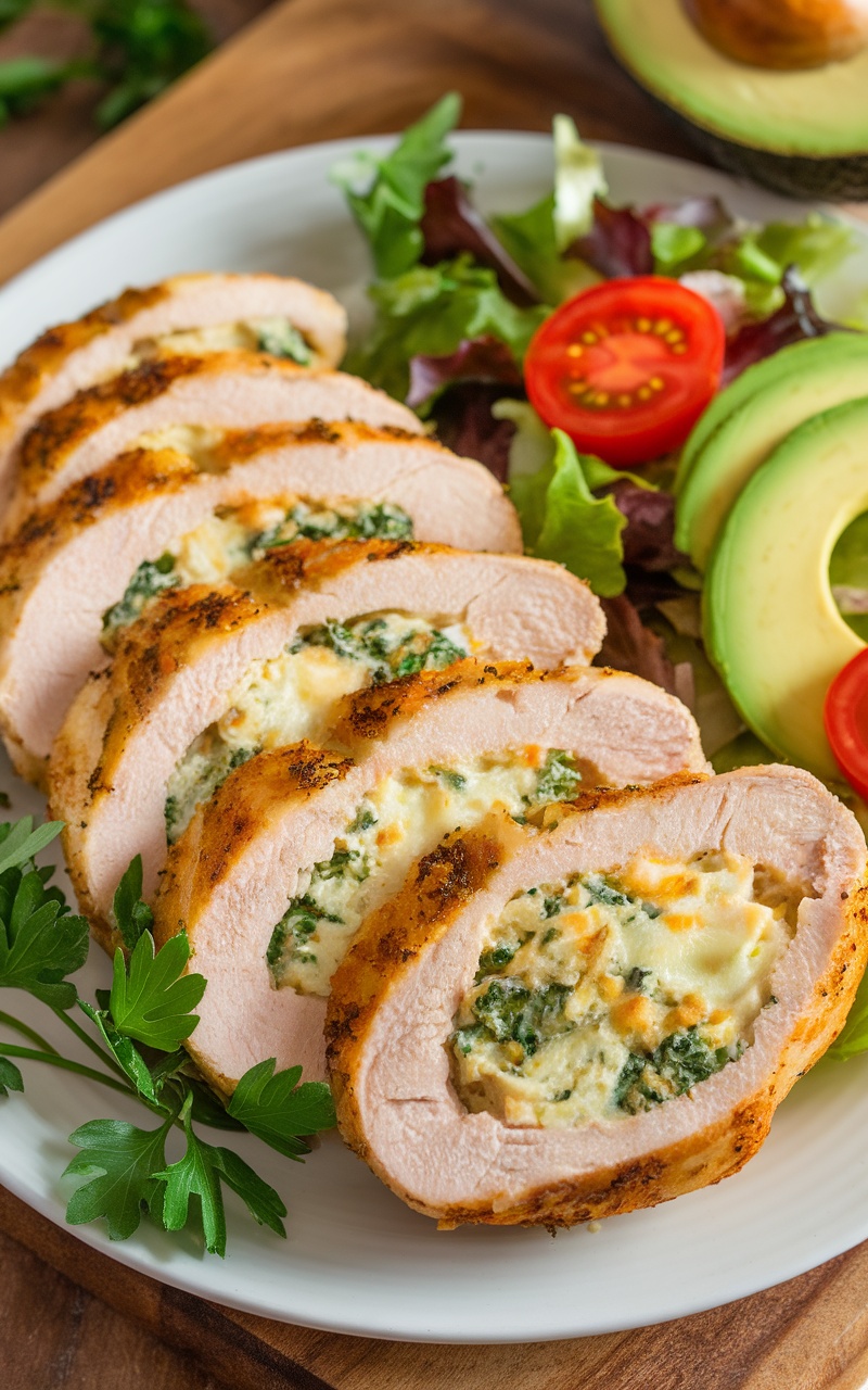 Keto Cheesy Broccoli Stuffed Chicken Breasts with creamy filling and fresh salad on the side.