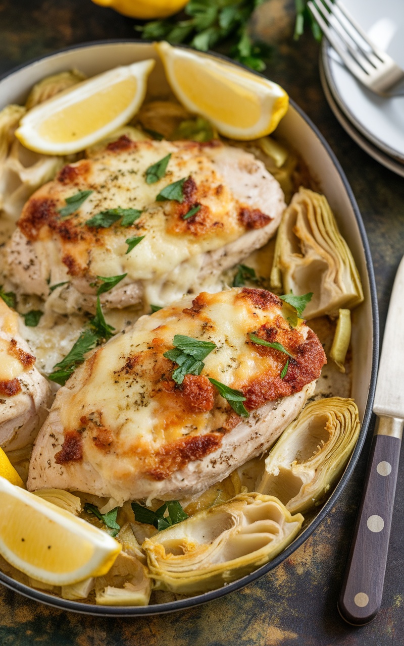 A serving of lemon artichoke chicken bake with cheese and artichokes, garnished with parsley and lemon.