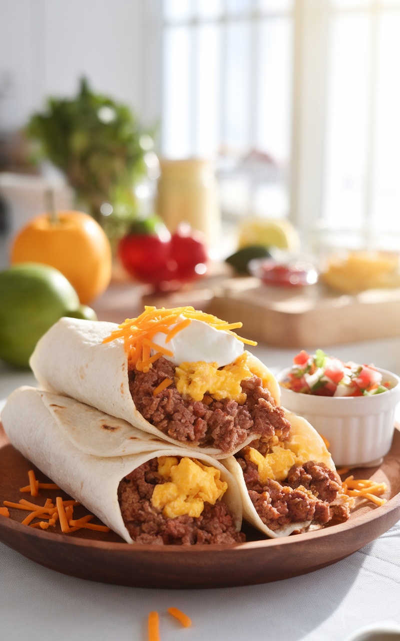 A low-carb beef and egg breakfast burrito on a wooden plate, garnished with cheese and sour cream, with salsa on the side.