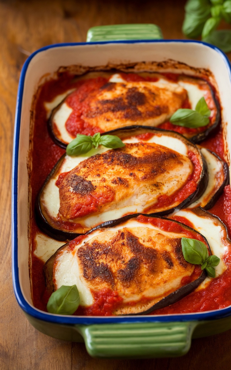 Keto Chicken and Eggplant Parmesan with golden chicken, marinara sauce, mozzarella cheese, garnished with basil.