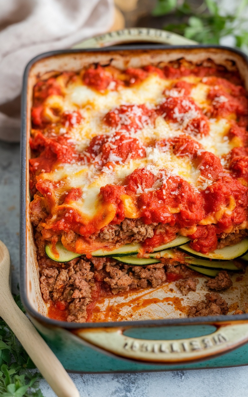 A delicious Keto Lamb and Zucchini Noodle Casserole with layers of zucchini noodles, ground lamb, and melted cheese.