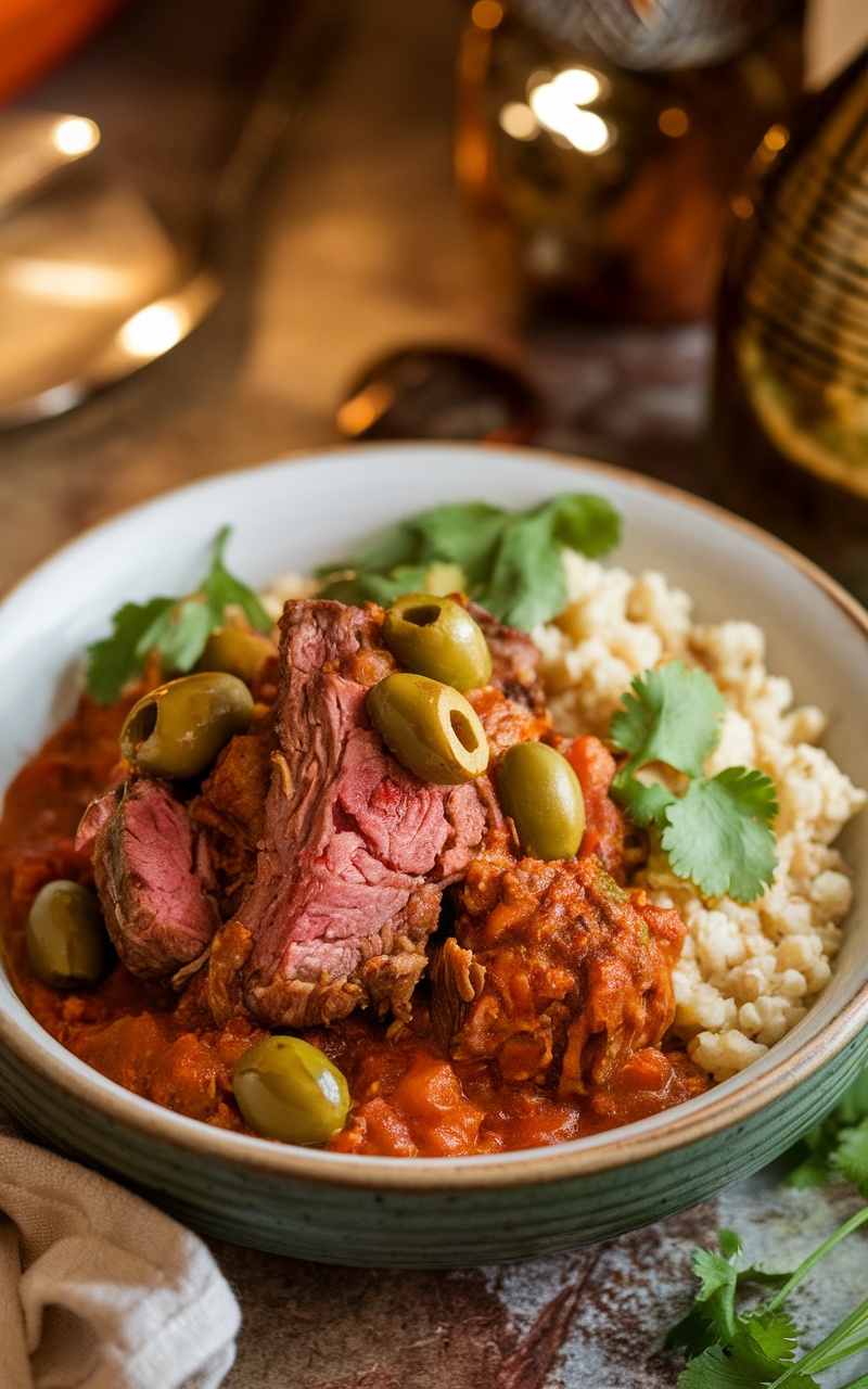 A bowl of Keto Moroccan Lamb Tagine with olives and cilantro, served with cauliflower rice.