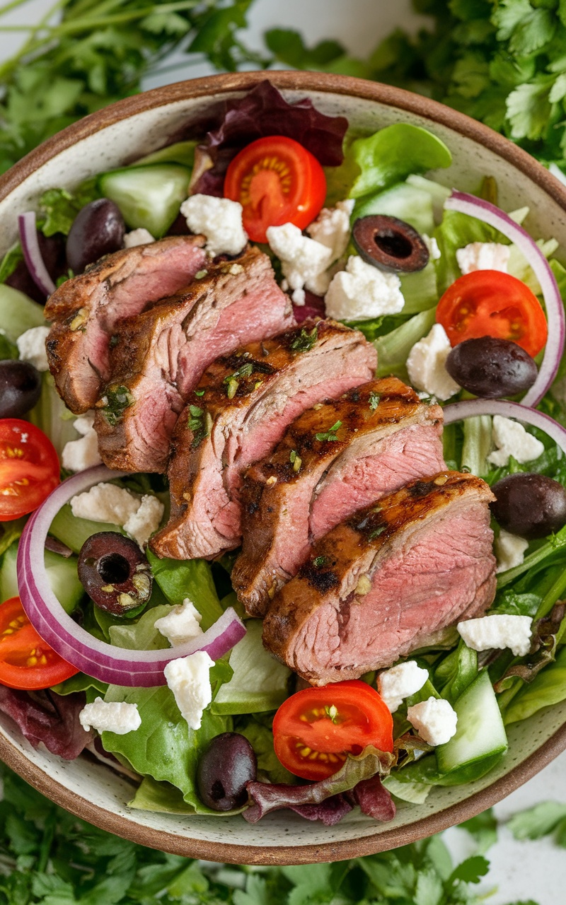 Keto Mediterranean Lamb Salad with Feta, showcasing grilled lamb, greens, tomatoes, cucumber, feta, and olives in a rustic bowl.